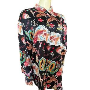 RARE Vintage Nicole Miller Unisex Silk Old School Tattoo Rockabilly Shirt M L